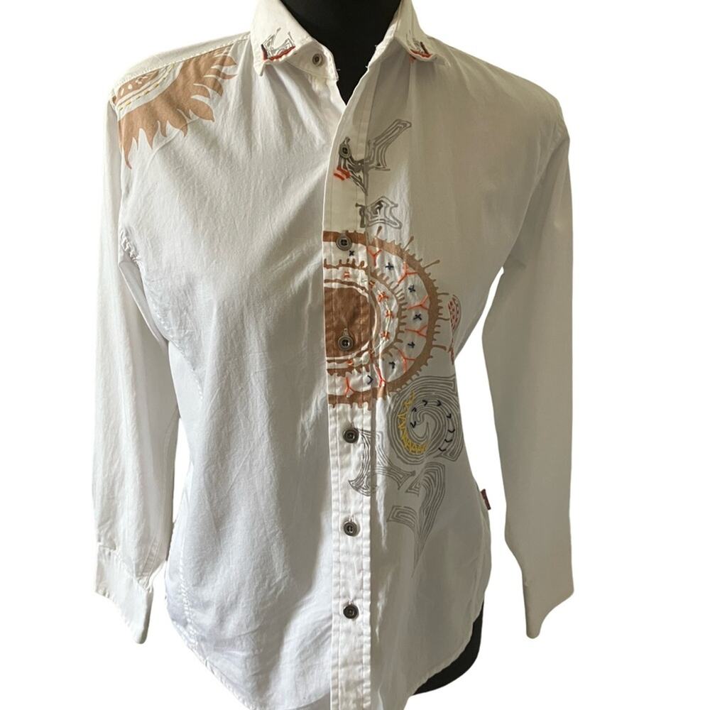 Woody’s RETRO Lounge White and Brown Blouse with Intricate Pattern M (12/14)